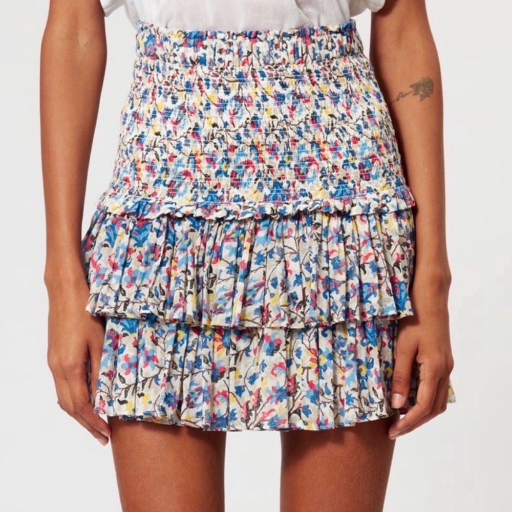 Isabel Marant Naomi White Floral Smocked Tiered Mini Skirt
